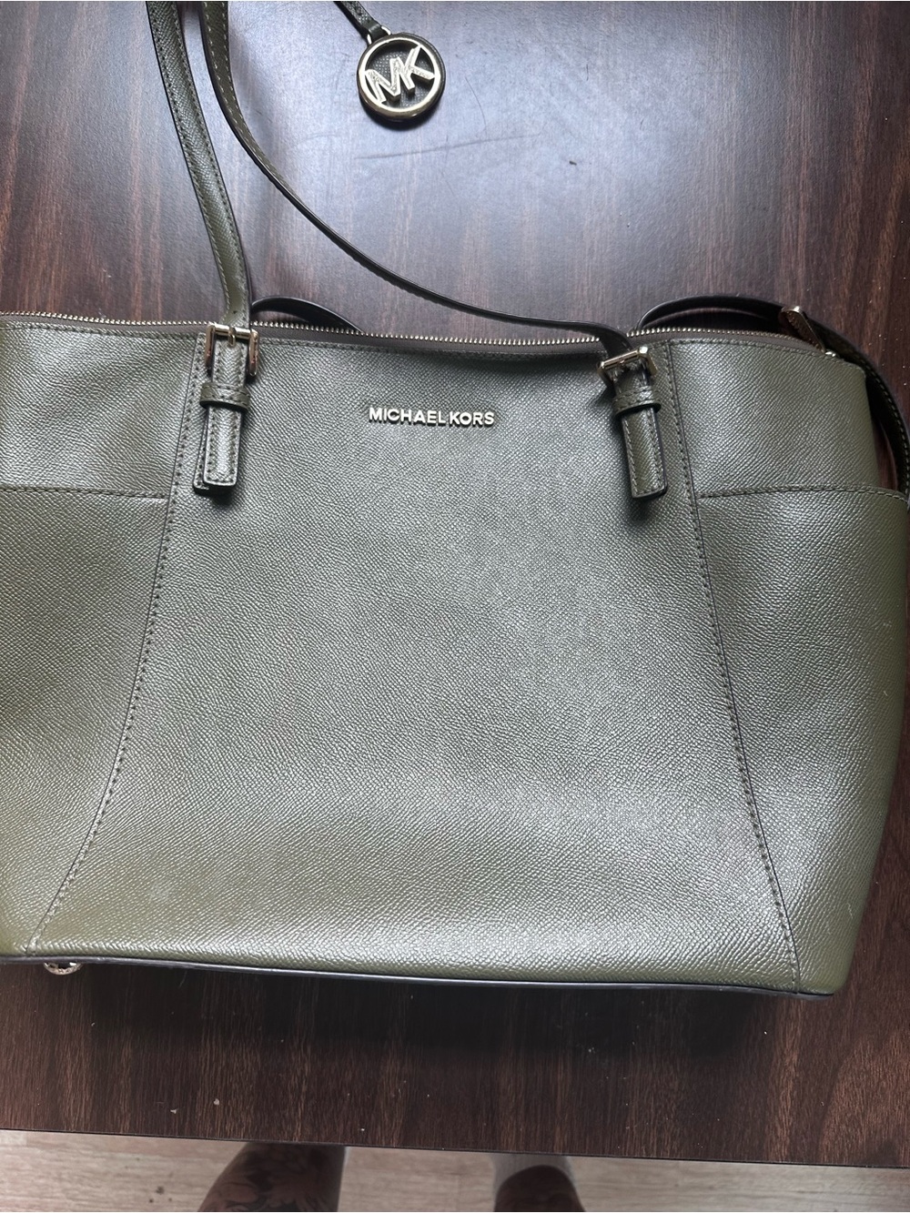 Michael Kors Black Saffiano Leather Large Tote Bag Gold MK Charm Top Zip